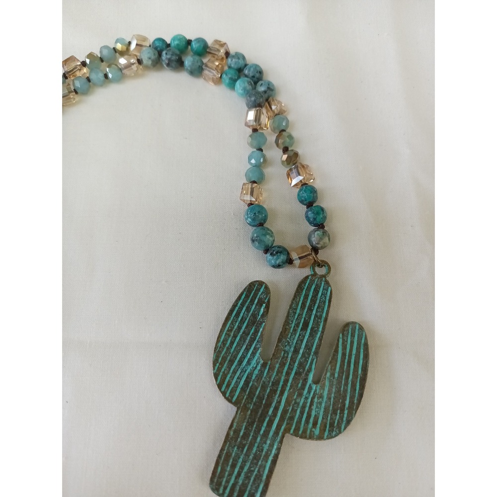 Wild & Free Cactus Pendant Beaded Necklace Turquoise Bronze Boho Southwestern - Picture 8 of 9